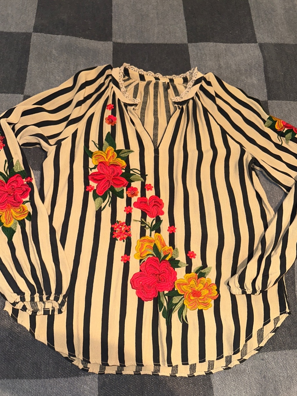 Striped Floral Embroidered Long-Sleeve Blouse - Black & Cream